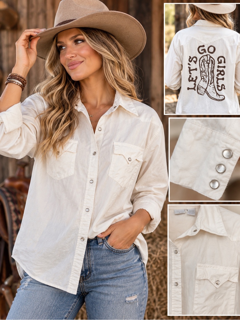 Eddie Bauer Western Lets Go Girls Cowboy Boot Pearl Snap White shirt